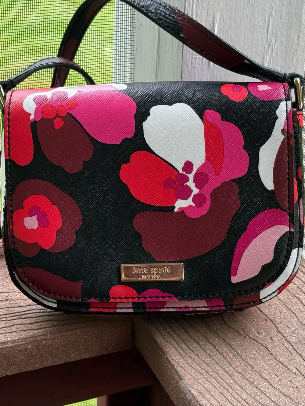 kate spade Black Floral Crossbody with Pink and Red Blooms